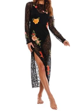 AGUA BENDITA Sz L Belen Slit Midi Dress Black Lace Semi Sheer Floral Embroidery。